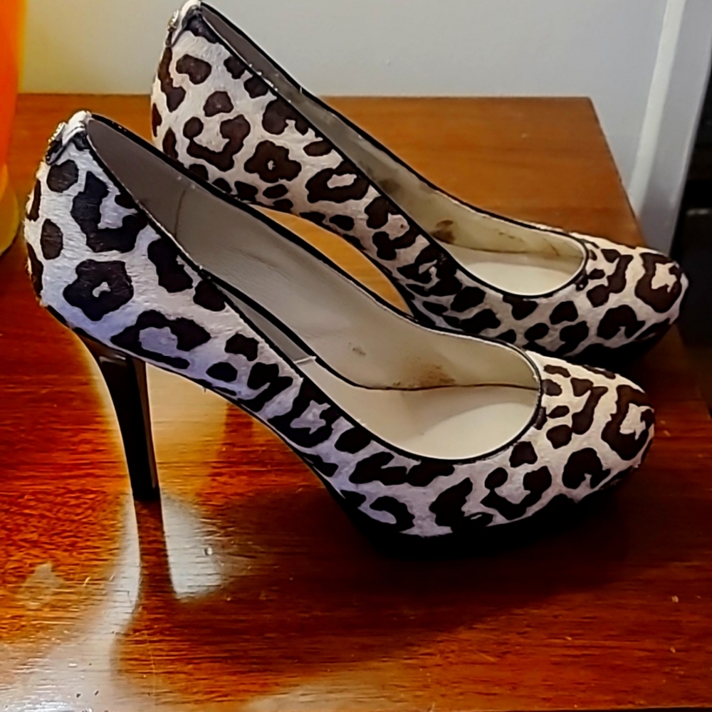 Michael Kors Ionna Pump Leopard Print Calf Hair Platform Patent Heels 9 Cheetah